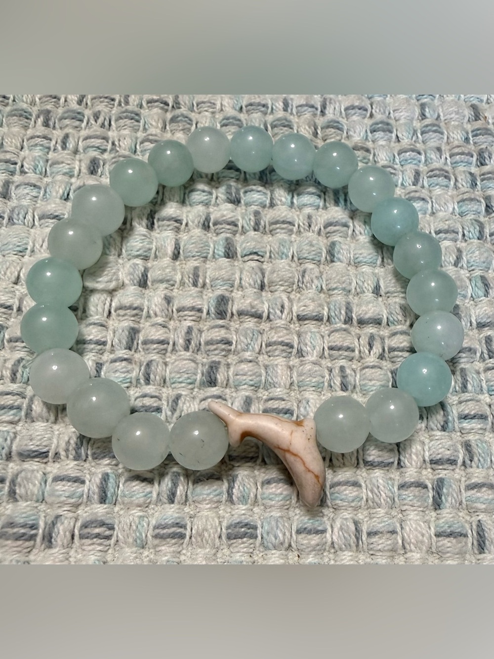 Light Aqua Beaded Stretch Bracelet with Carved Stone Accent
